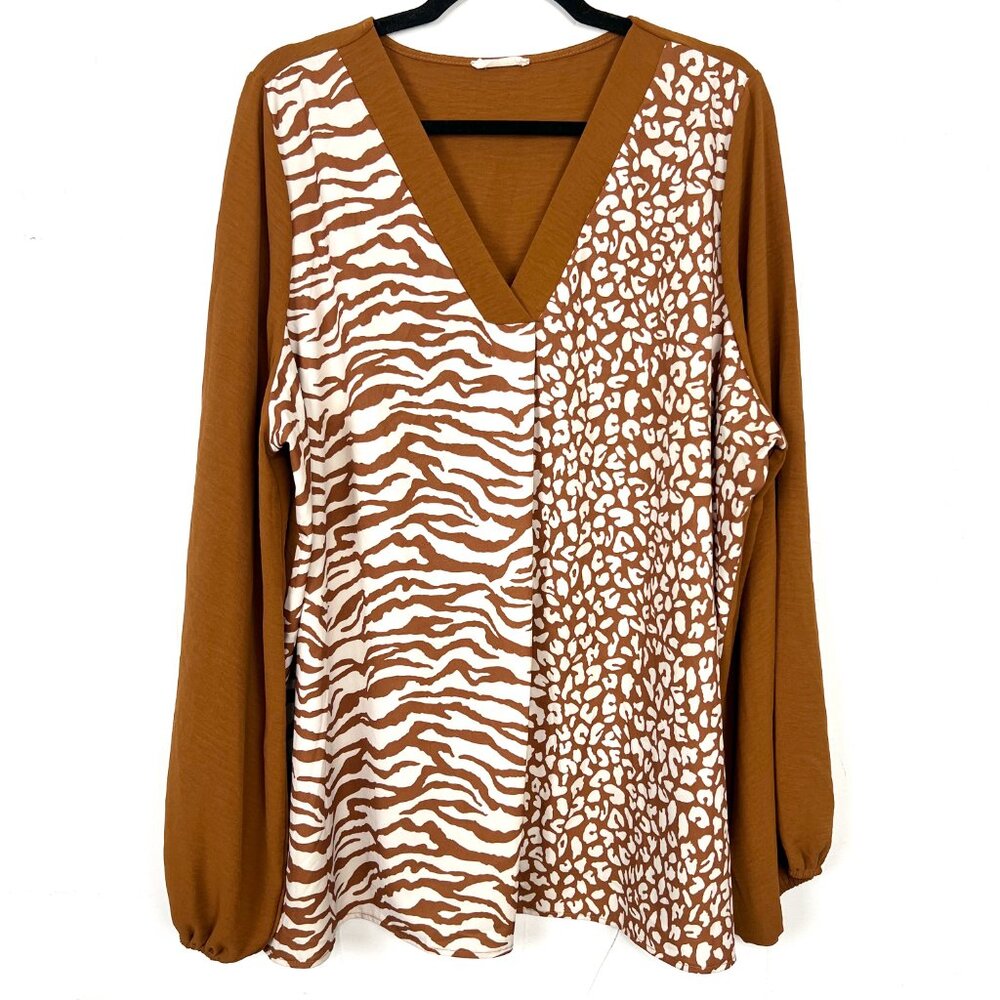 Cotton Bleu Brown Animal Print V-Neck Top Balloon Sleeve 2X‎ zq